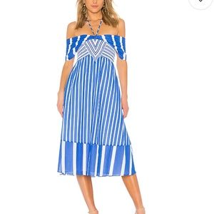 Tanya Taylor Blue and White Striped Midi Dress